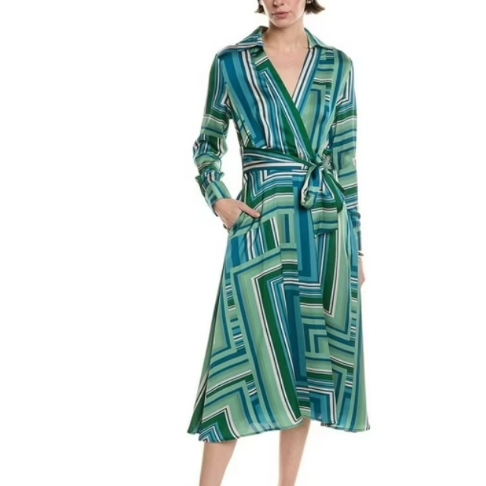Tahari ASL Hammered Satin Tie Waist Midi Dress Abstract Long Sleeve Green 4